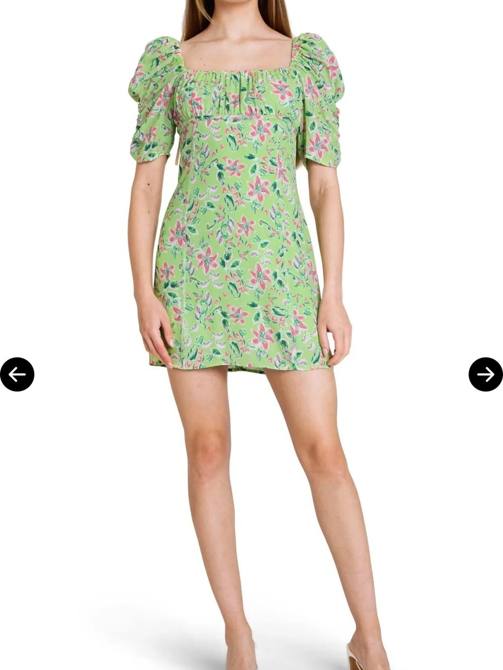 WAYF Lime Floral Square Neck Puff Sleeve Mini Dress Large